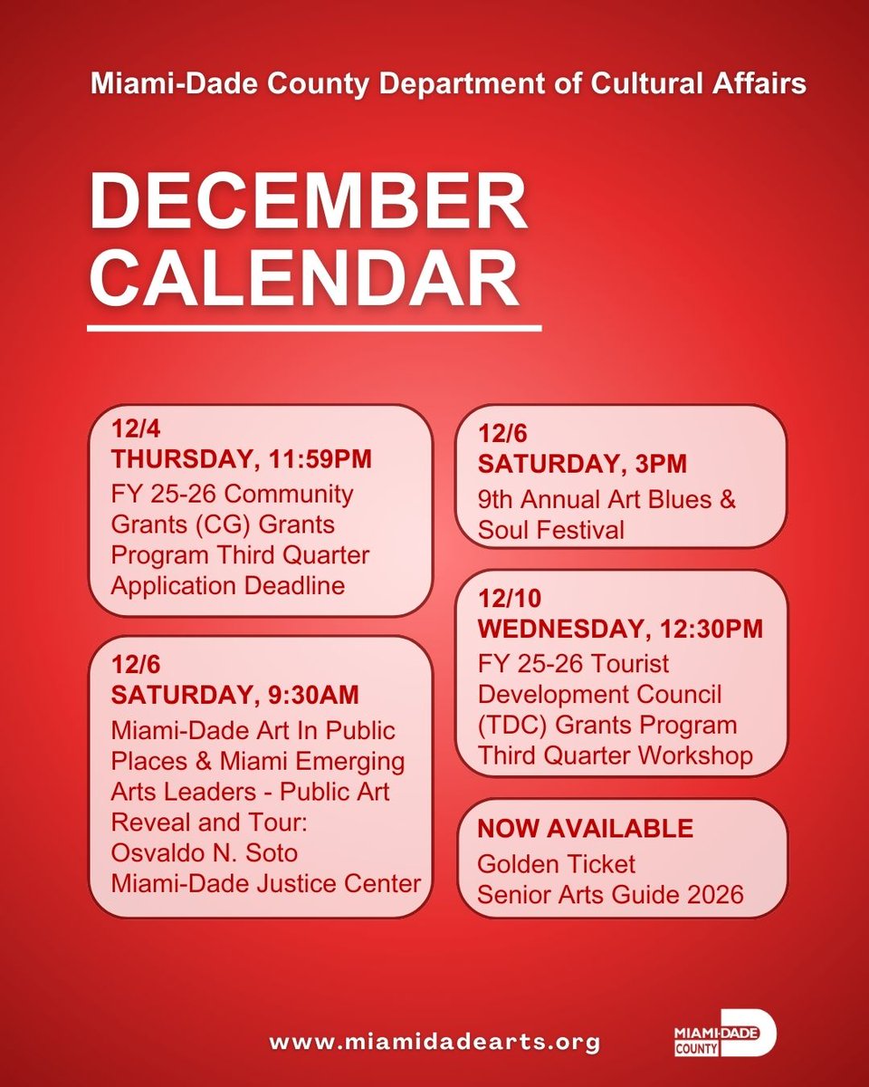 Mark your calendar and note key cultural arts events and opportunities with the Miami-Dade County Department of Cultural Affairs in the month of December!

miamidadearts.org

#December #OurCounty #MiamiDadeArts