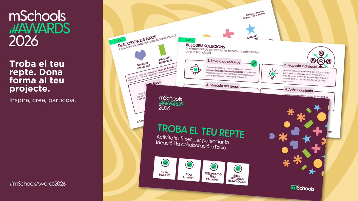 🏆 Vols posar en marxa el teu projecte per als mSchools Awards 2026? 🧩
Descarrega “Troba el teu repte”: una guia amb dinàmiques participatives perquè l’alumnat:
✔ Detecti reptes reals del seu entorn
✔ Generi idees creatives
✔ Construeixi solucions amb propòsit

📚 Inclou