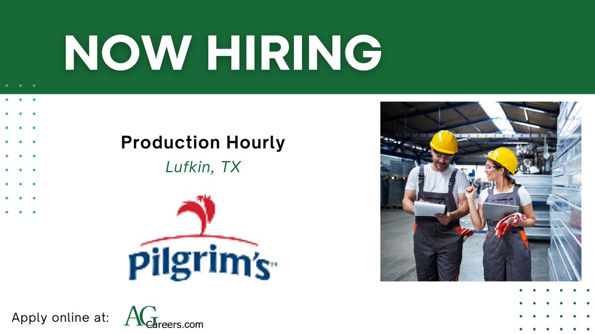 Pilgrim's is #hiring a Production Hourly in Lufkin, TX!

In this role, you will grow your production and teamwork skills by processing products safely, maintaining quality standards, and supporting smooth, efficient operations.

Learn more on #AgCareers! 
ow.ly/qJMo50XA28s