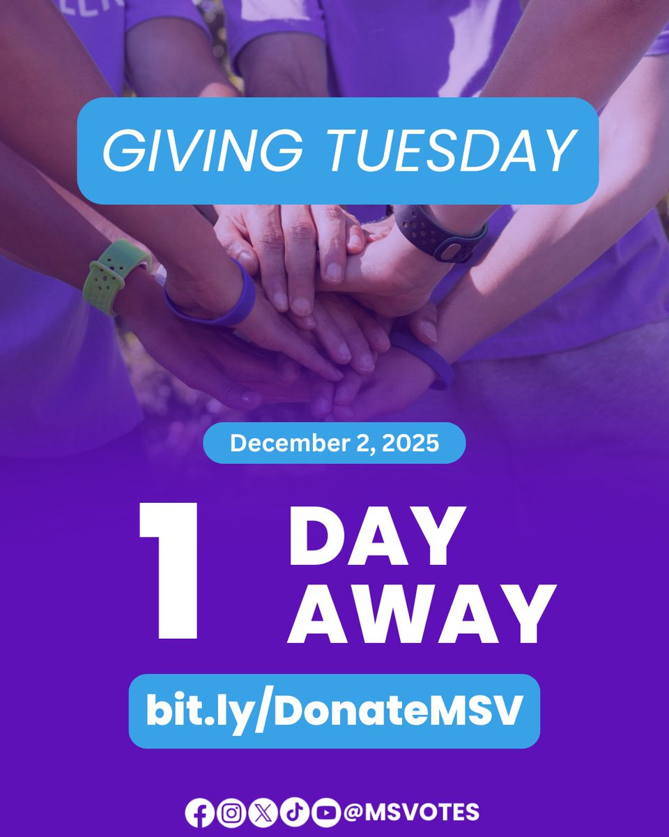 Tomorrow’s Giving Tuesday! 
Join the movement to empower Mississippi voters. Every dollar helps! 
💜 Give early at bit.ly/DonateMSV
#msvotes #up2us