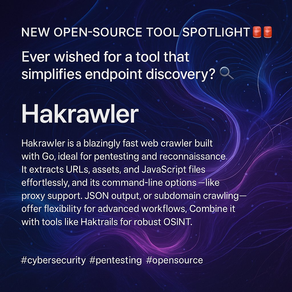 Alevsk's tweet image. ¿Necesitas un crawler rápido y simple para exploración web? Hakrawler, escrito en Go, permite descubrir endpoints y assets de aplicaciones web fácilmente. Soporta proxies, subdominios y formato JSON. Ideal para pruebas de pentesting o recon. 🚀 #OSINT #CyberSecurity