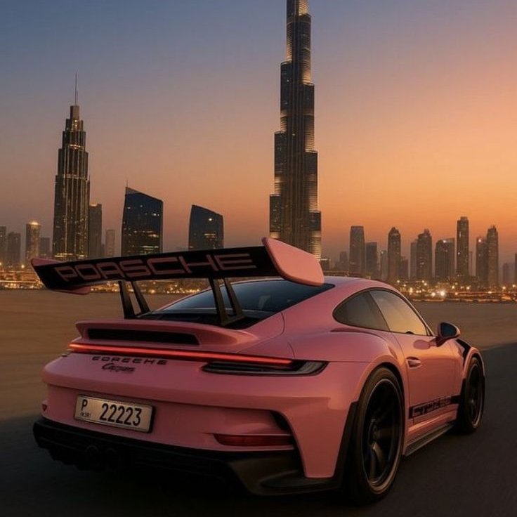 The Pink GT3 and the Burj Khalifa—the perfect duo screaming speed and style. 🚀