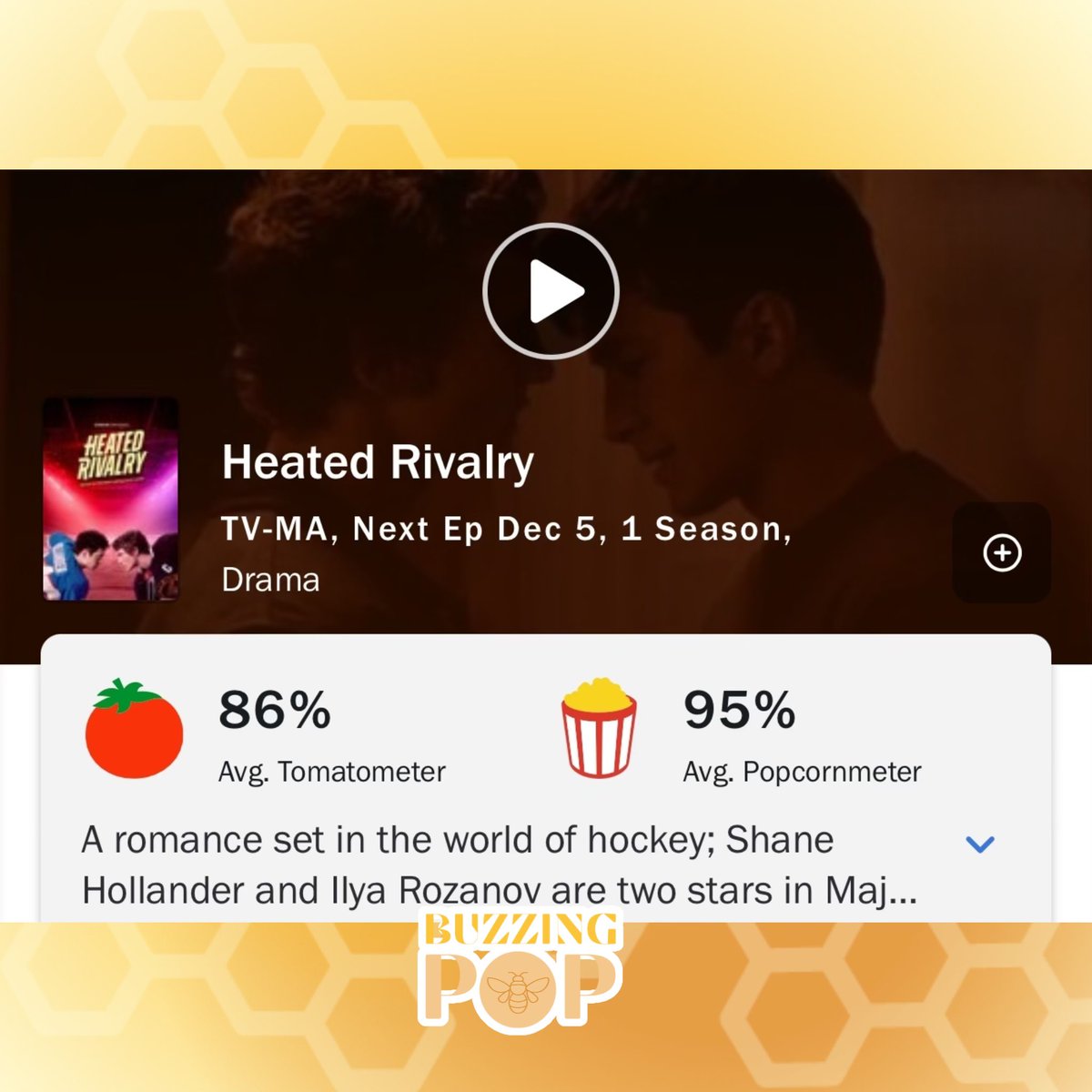 BuzzingPop's tweet image. ‘Heated Rivalry’, starring Hudson Williams and Connor Storrie, debuts with 86% on Rotten Tomatoes based on 6 reviews.
