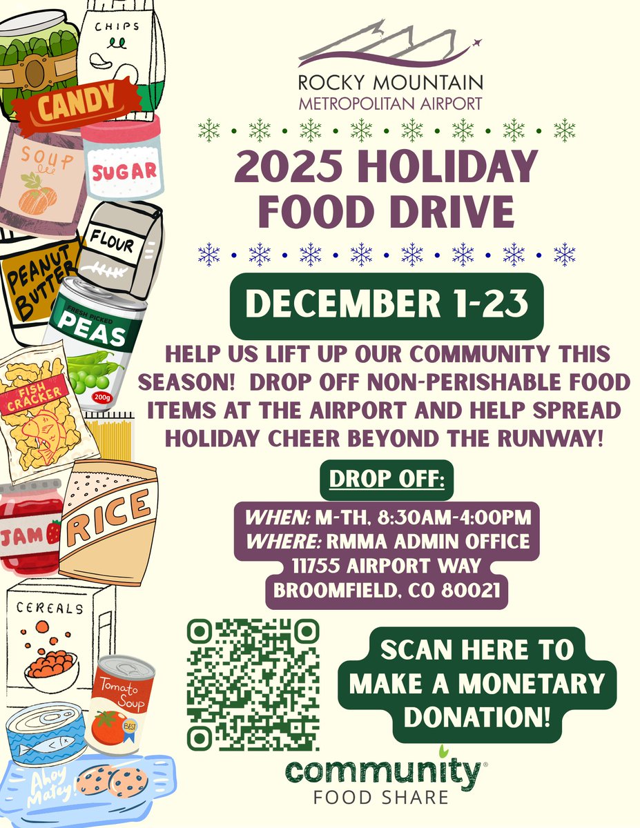 Holiday giving is cleared for takeoff! RMMA’s Holiday Food Drive is officially underway &amp; we’re teaming up with Community Food Share. Drop off non-perishable items at the Admin Office or donate online by scanning the QR code. Let’s help kindness take flight this season!