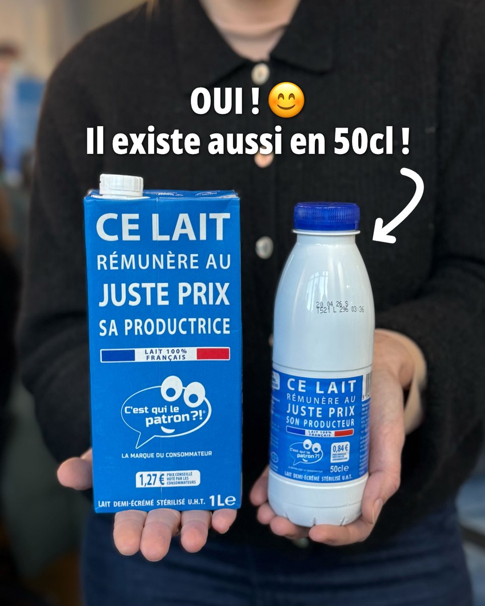 C_qui_le_Patron's tweet photo. Merci pour vos nombreuses questions/retours, nous comprenons tout à fait qu’1 litre, ça peut faire beaucoup pour certains foyers 😊🙌et c’est pourquoi le lait existe aussi en 50 cl ! #SoutienAuxProducteurs

Nous pouvons trouver la petite sœur de notre brique chez Carrefour, Auchan, Leclerc et sur le site de Houra 🛒
Comme la grande elle participe au soutien de 284 familles de producteurs et productrices en Bresse, dans le Centre, la Vallée de la Loire et la Normandie depuis 9 ans maintenant ! Merci à tous pour la mobilisation et le soutien qui permettent cela #LePatronCestLeConso

Si vous ne trouvez pas le lait en 50 cl dans votre magasin, n’hésitez pas à faire une demande auprès de l’accueil ou du chef de rayon (en tant que clients, notre voix est bien plus souvent entendue que ce qu’on pense) 😊
Belle fin de journée à tous