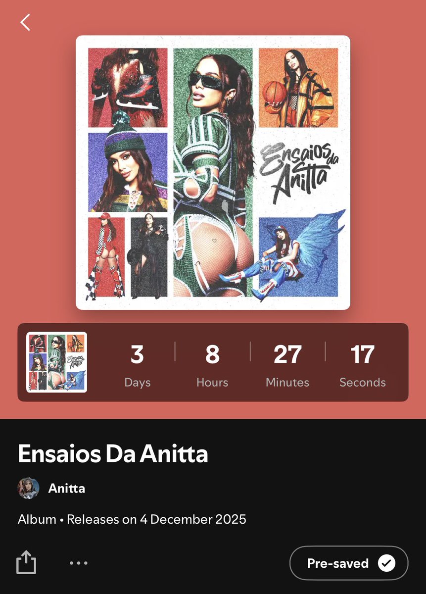 AnittaPress's tweet image. O álbum “Ensaios da Anitta” está com pre-save disponível no Spotify:

— Se alcançarmos 150 mil pré-saves até quarta, entramos no Top 10 Global.