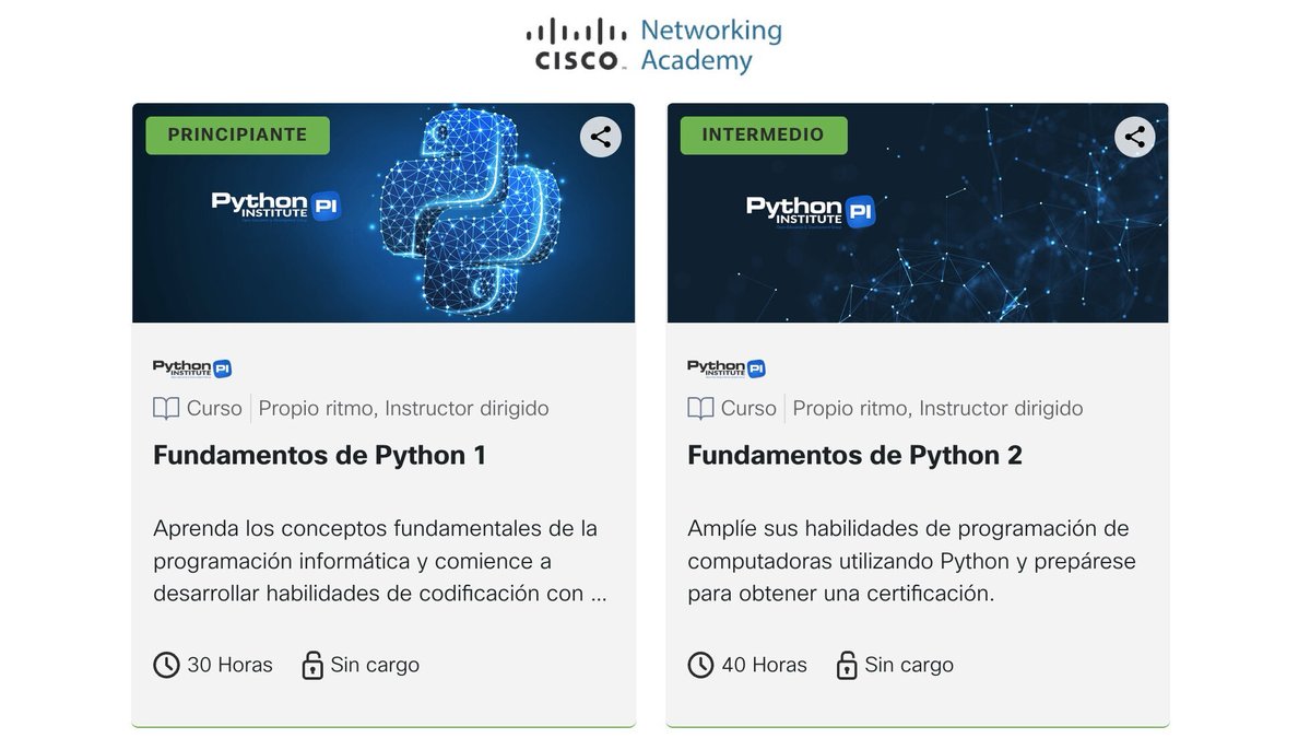 midudev's tweet image. ¡CISCO tiene 2 cursos de Python en Español y gratis!

✓ Con certificado final
✓ 70 horas de contenido
✓ A tu propio ritmo

Dos niveles, principiante e intermedio:
netacad.com/es/catalogs/le…