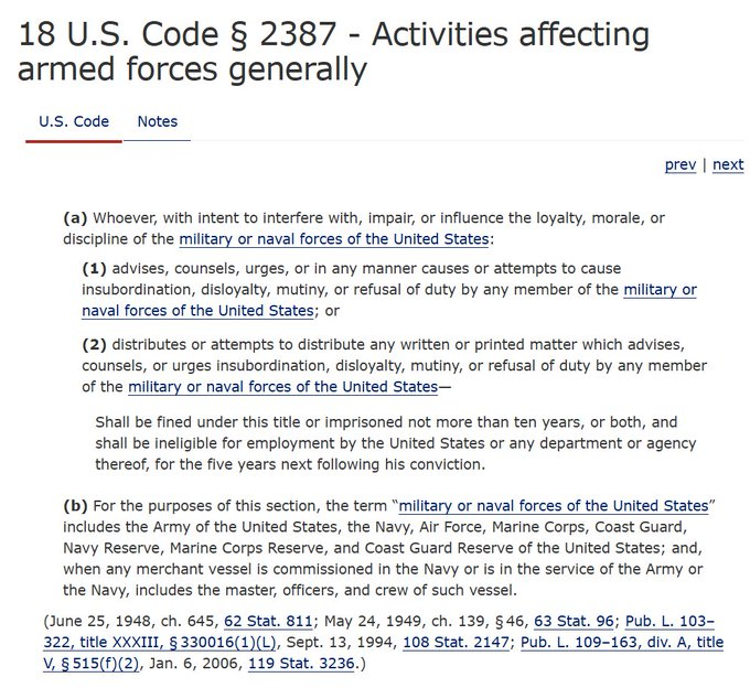 <a href="/TheDemCoalition/">Democratic Coalition</a> Possibly. Or, it could be that that 'reminder' consisted of "advising, counseling, urging or in any manner causing or attempting to cause insubordination, disloyalty, mutiny or refusal of duty by any member of the military or naval forces of the United States;" in violation of