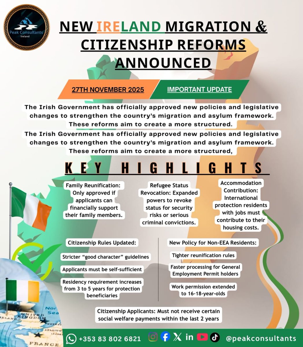 peakeire's tweet photo. 📢 Ireland Announces New Migration &amp; Citizenship Reforms — Important Update (27th Nov 2025)

For expert guidance and updated immigration advice, contact Peak Consultants today.
📞 +353 83 802 6821

#IrelandImmigration #MigrationUpdate #CitizenshipReforms #PeakConsultants https://t.co/X6JXUvN6ja