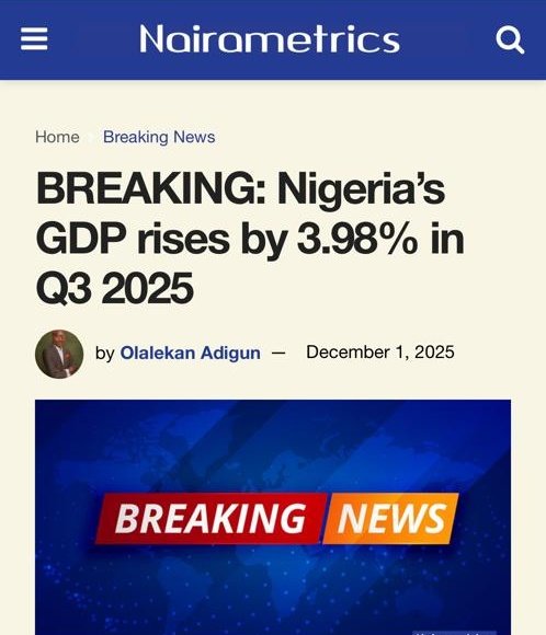 BREAKING: Nigeria’s GDP rises by 3.98% in Q3 2025

Nigeria’s Gross Domestic Product (GDP) grew by 3.98 per cent year-on-year in real terms in the third quarter of 2025, marking a slight improvement over the 3.86 per cent recorded in the same period of 2024.

This is according to