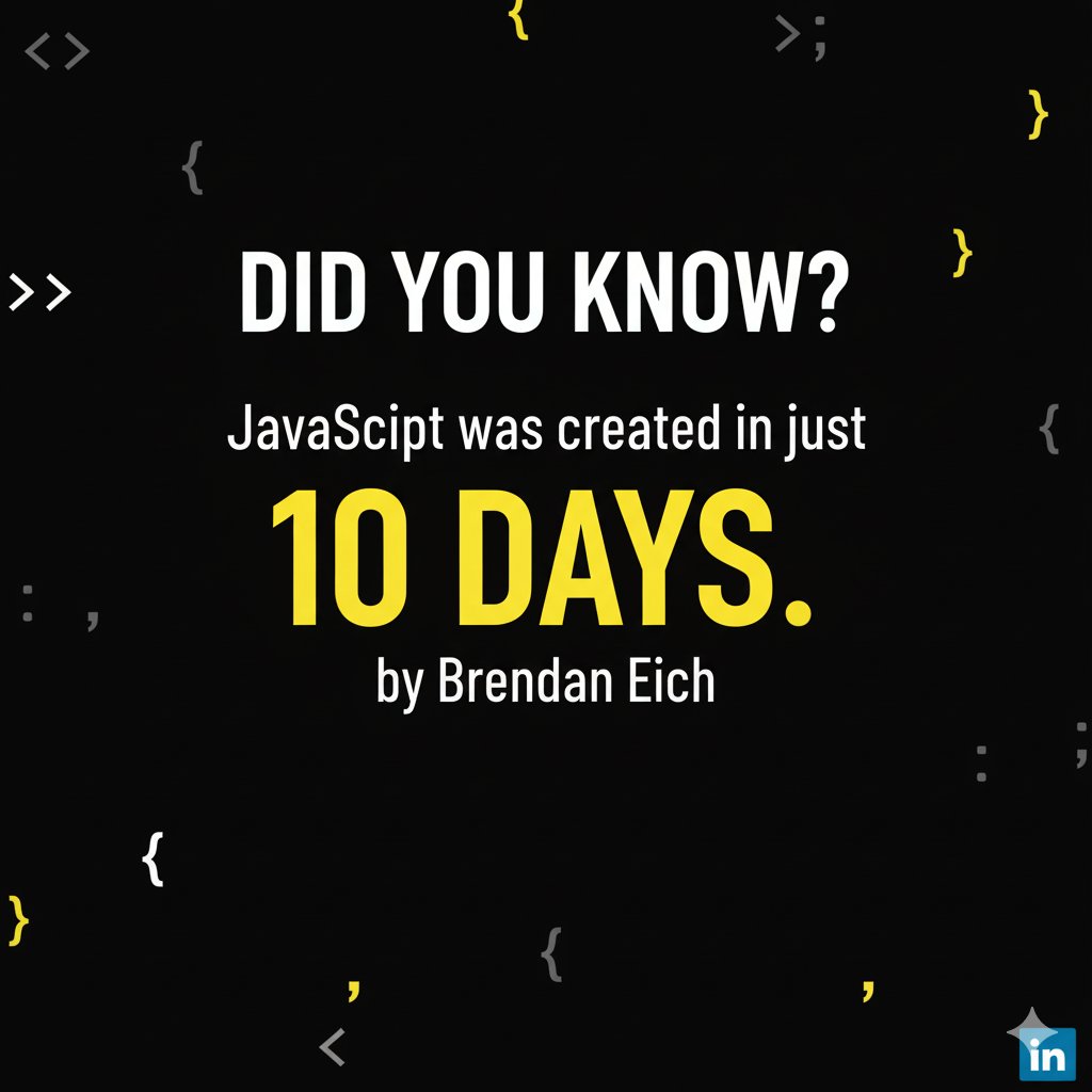 Provaantech's tweet image. Did you know?
JavaScript was created in just 10 days by Brendan Eich.
Most people plan forever.
The web was built by people who shipped fast.

Execute fast. Improve later.
More updates: provaantech.com

#JavaScript #WebDev #Programming #TechFacts #Coding