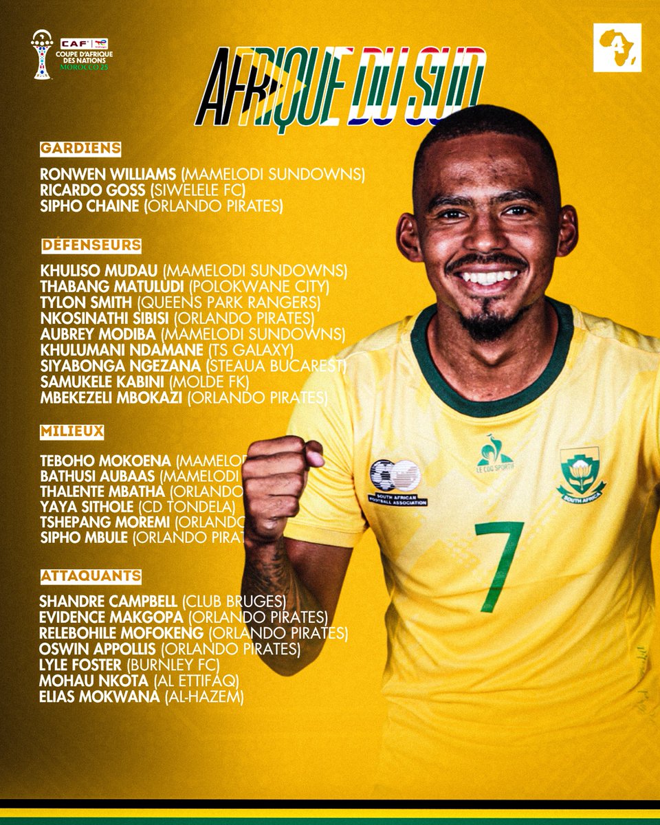 🚨 OFFICIEL : La 𝙇𝙄𝙎𝙏𝙀 de l’Afrique du Sud 🇿🇦 pour la CAN 2025 ! 🌍🏆