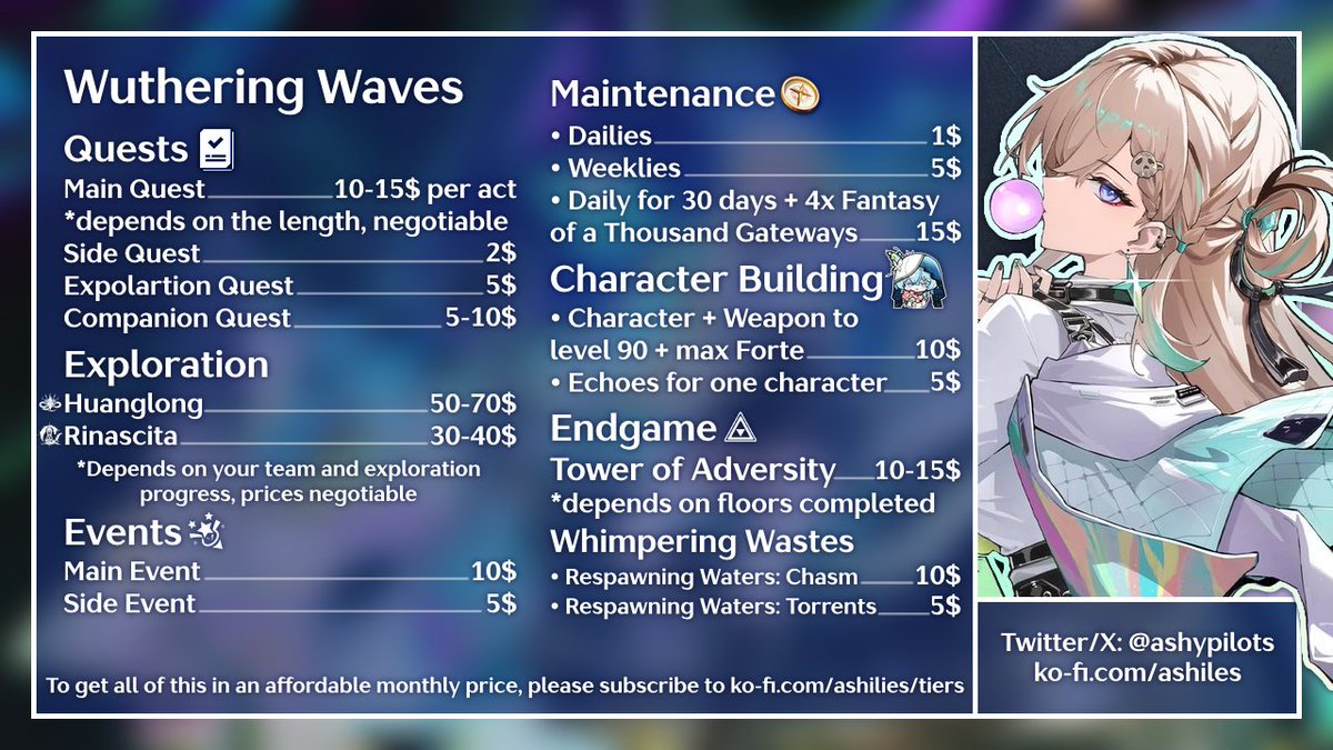 ⌗ genshin, hsr, zzz &amp; wuwa piloting services .ᐟ

too busy, having other difficulties or feeling burnout? ash's piloting shop will take care of every task with dedication and speed!

please commission me and help me pay my mother's physiotherapy!

all services are up for