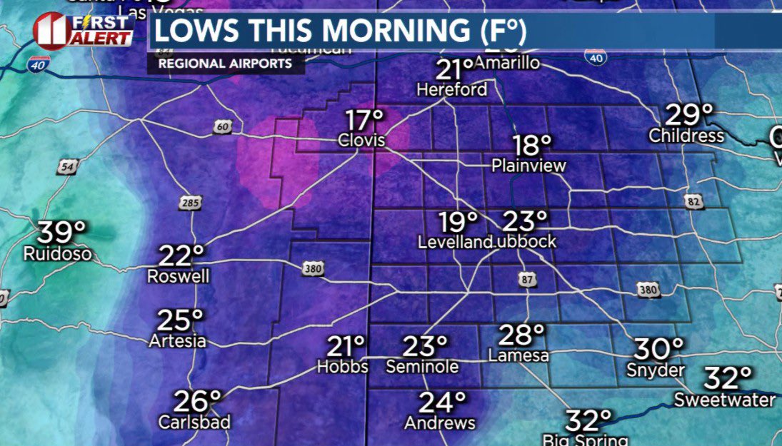 Lubbock's low this (Monday) morning was 22° the lowest of the season... so far. The map here shows 23° for the low as it had not yet updated.