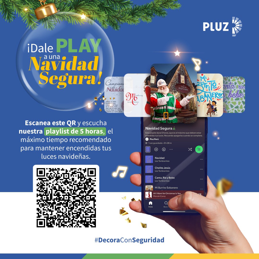 🎄It's tiiiime!✨

Llegó diciembre y las luces salen a brillar. #DecoraConSeguridad y enciéndelas máximo 5 horas. Para que no te olvides, preparamos una playlist que dura lo justo para disfrutar.

📲 Escúchala escaneando el QR o aquí: 
bit.ly/3XsGFea