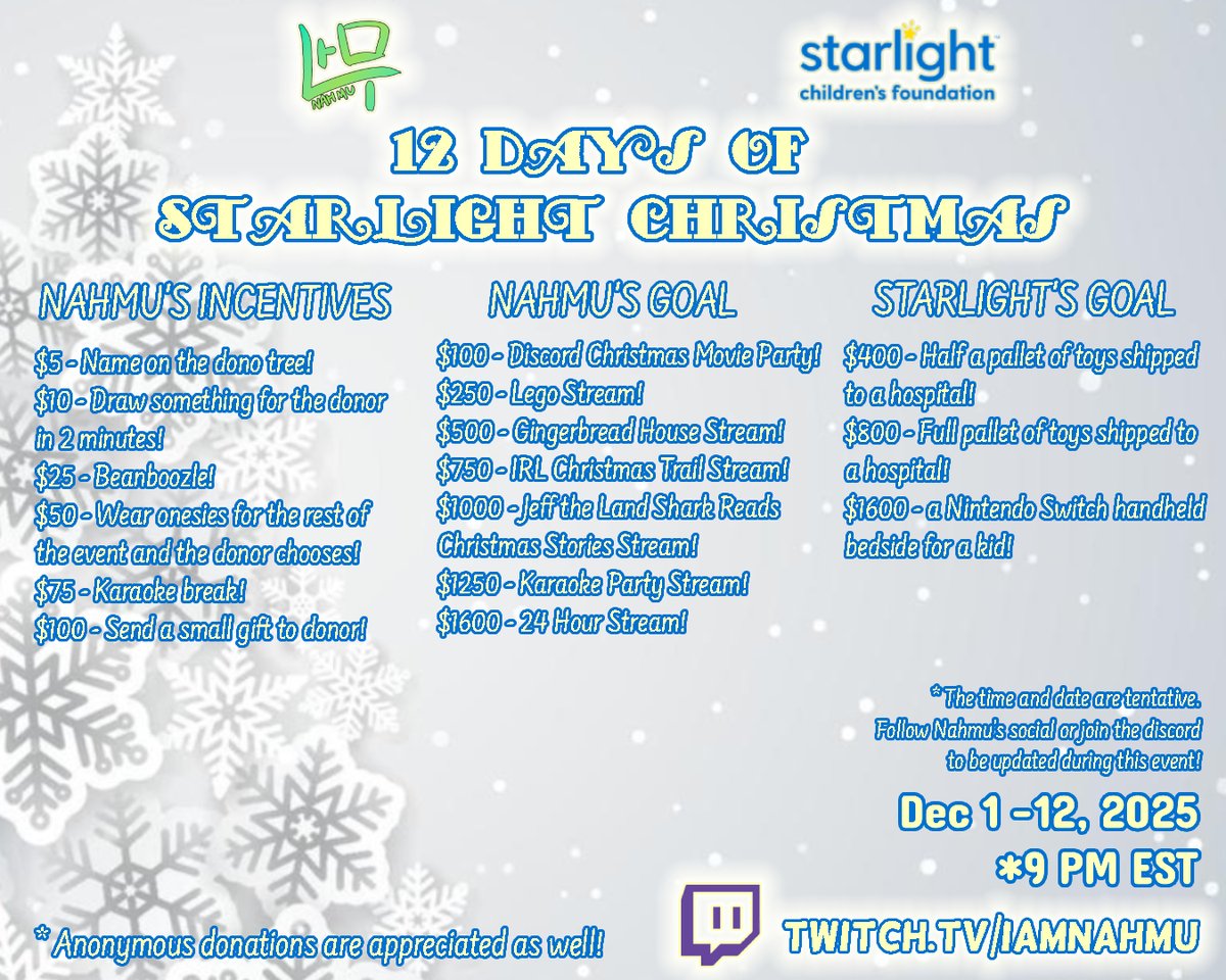 Hello and good morning! I have been busy to promote this but I will be raising money for Starlight and I hope to raise at least up to $1,600 so the hospital near me can receive the full incentives from Starlight by Dec. 12. Happy Holidays!
 
@twitch
<a href="/StarlightUS/">starlightUS</a> 
<a href="/tiltify/">Tiltify</a>