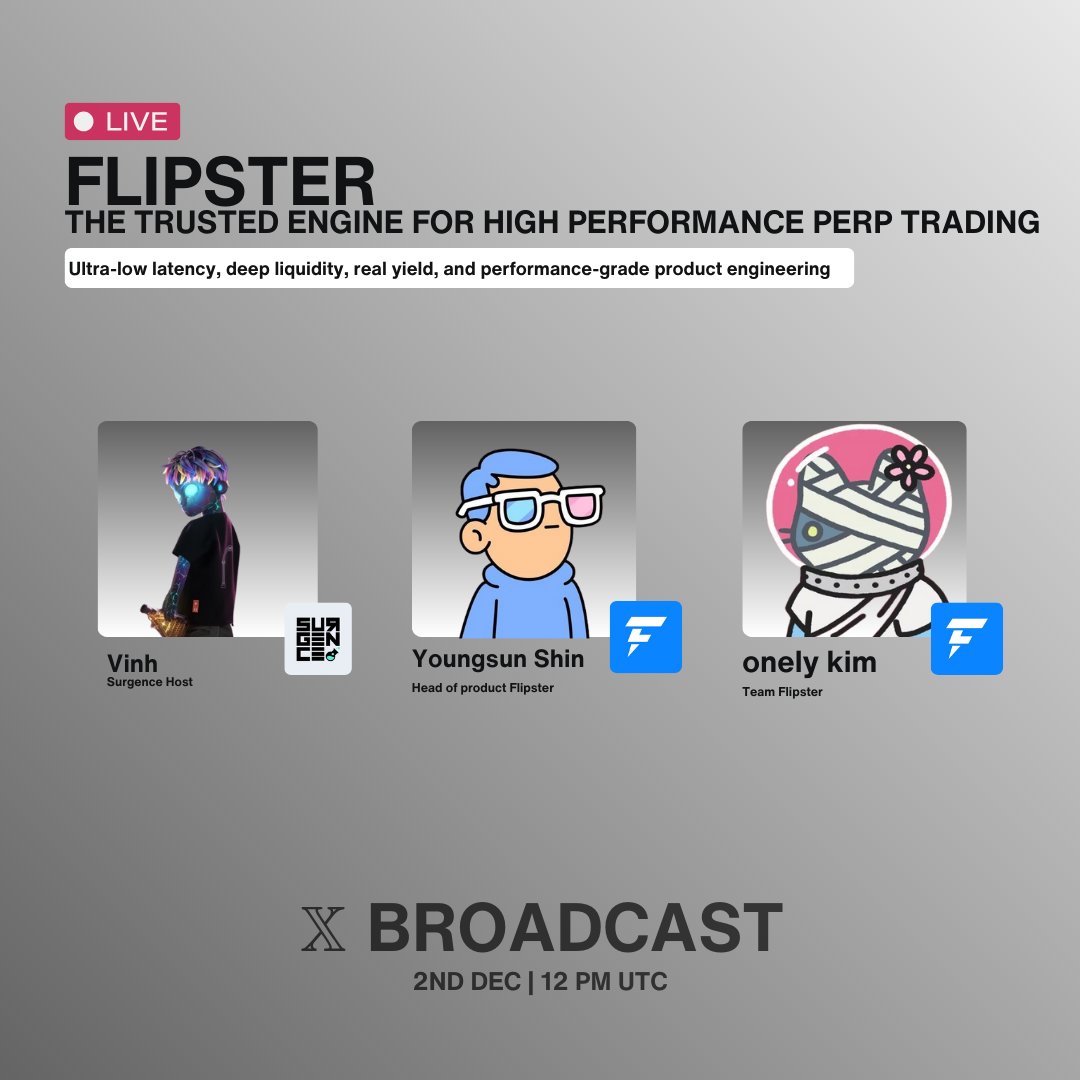 surgence_io's tweet image. While most exchanges talk features, Flipster focuses on performance because that's what traders actually feel:

Tomorrow we're going live with @youngsun and @onelykim from @flipster_io  for a full teardown of what it really takes to build a high performance perpetuals exchange.…