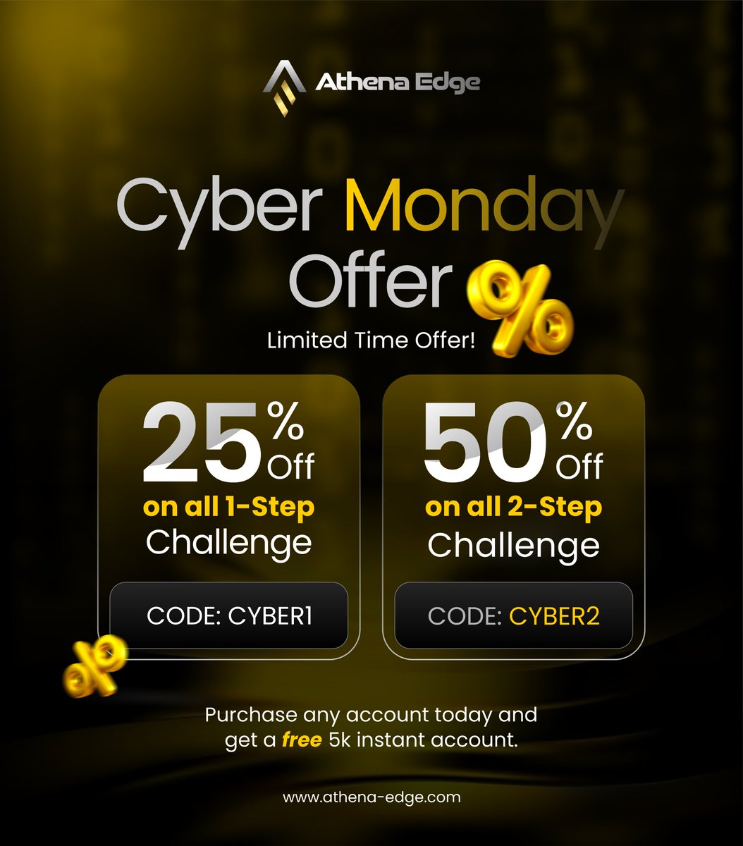athenaedgeuk's tweet image. Stop hesitating. Start scaling.
CYBER MONDAY OFFER is live now. 
Grab 25% off 1-Step Challenges and 50% off 2-Step Challenges

Get free $5k instant account today only.
Don&apos;t miss this offer