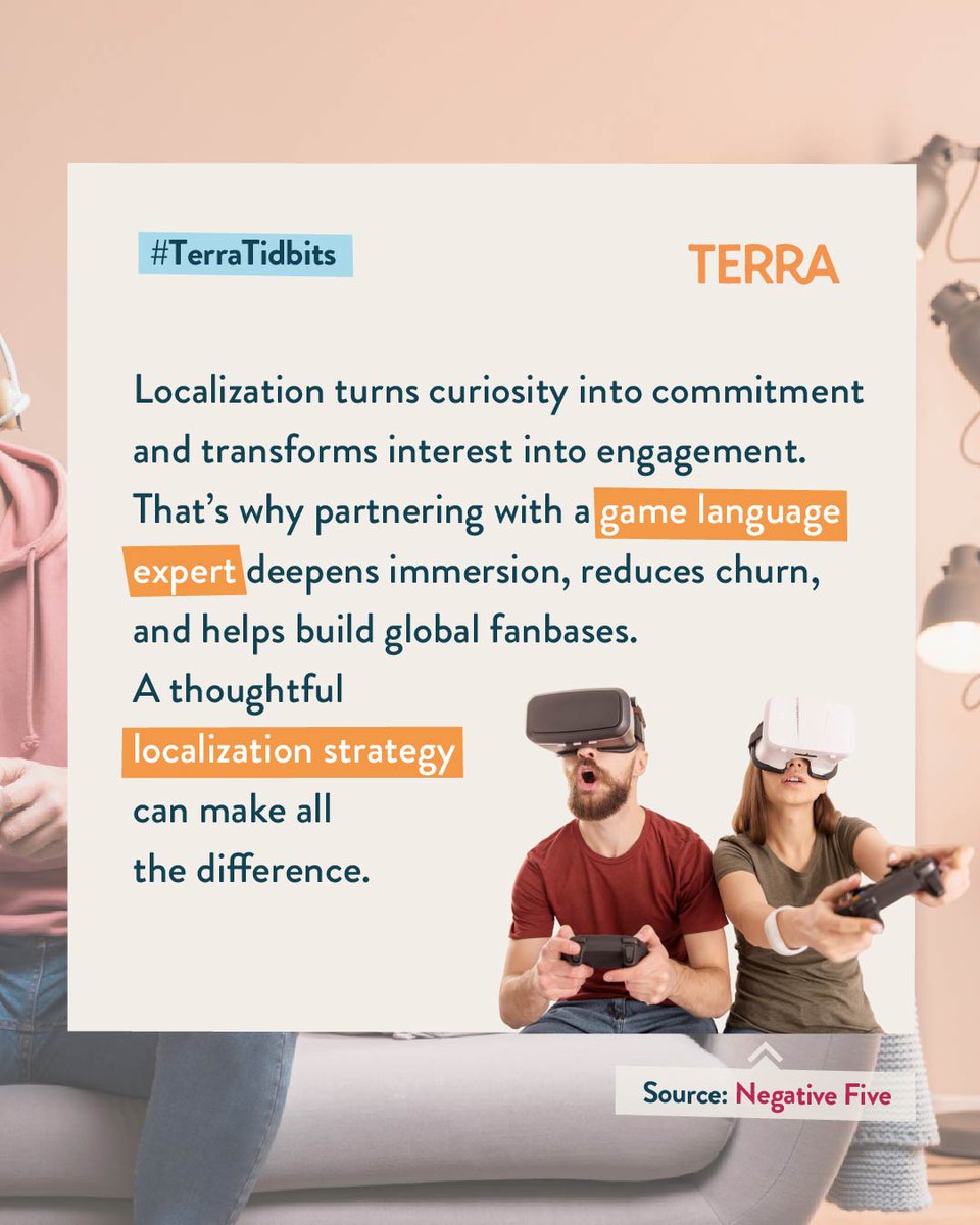 terrateamup's tweet image. 🕹️ Players connect deeply with games that speak their language. Today’s #TerraTidbit looks at how thoughtful localization helps studios build engagement, loyalty, and trust across cultures.

#Localization #GameDevelopment #PlayerEngagement