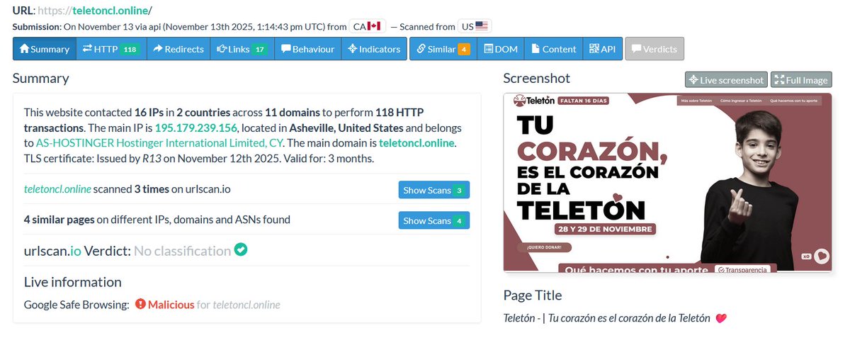 1ZRR4H's tweet image. ⚠️ MISERABLES continúan estafando con sitio falso de la Teletón 🇨🇱 (aún activo), por favor compartir!!

❌ teletonchile[.]com | Fraude.

Otros sitios maliciosos vistos:
- teletoncl[.]online
- teletncl[.]site
- teletoncl[.]site
- teleton[.]online
* Estos dominios conducían a…