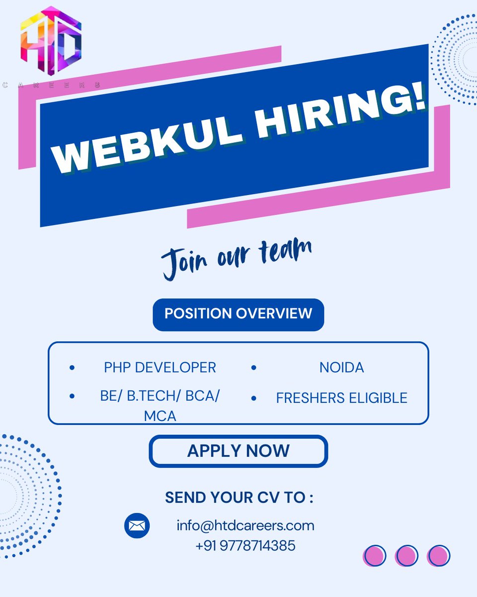 HtdCareers's tweet image. 💻 Webkul is hiring PHP Developers!
Fresh BE/B.Tech/BCA/MCA graduates can apply.
Location: Noida.

📩 Send your CV to info@htdcareers.com

Hashtags:
#Webkul #PHPDeveloper #DeveloperJobs #NoidaJobs #FreshersEligible #BTech #BCA #MCA #HTDCareers #TechJobs