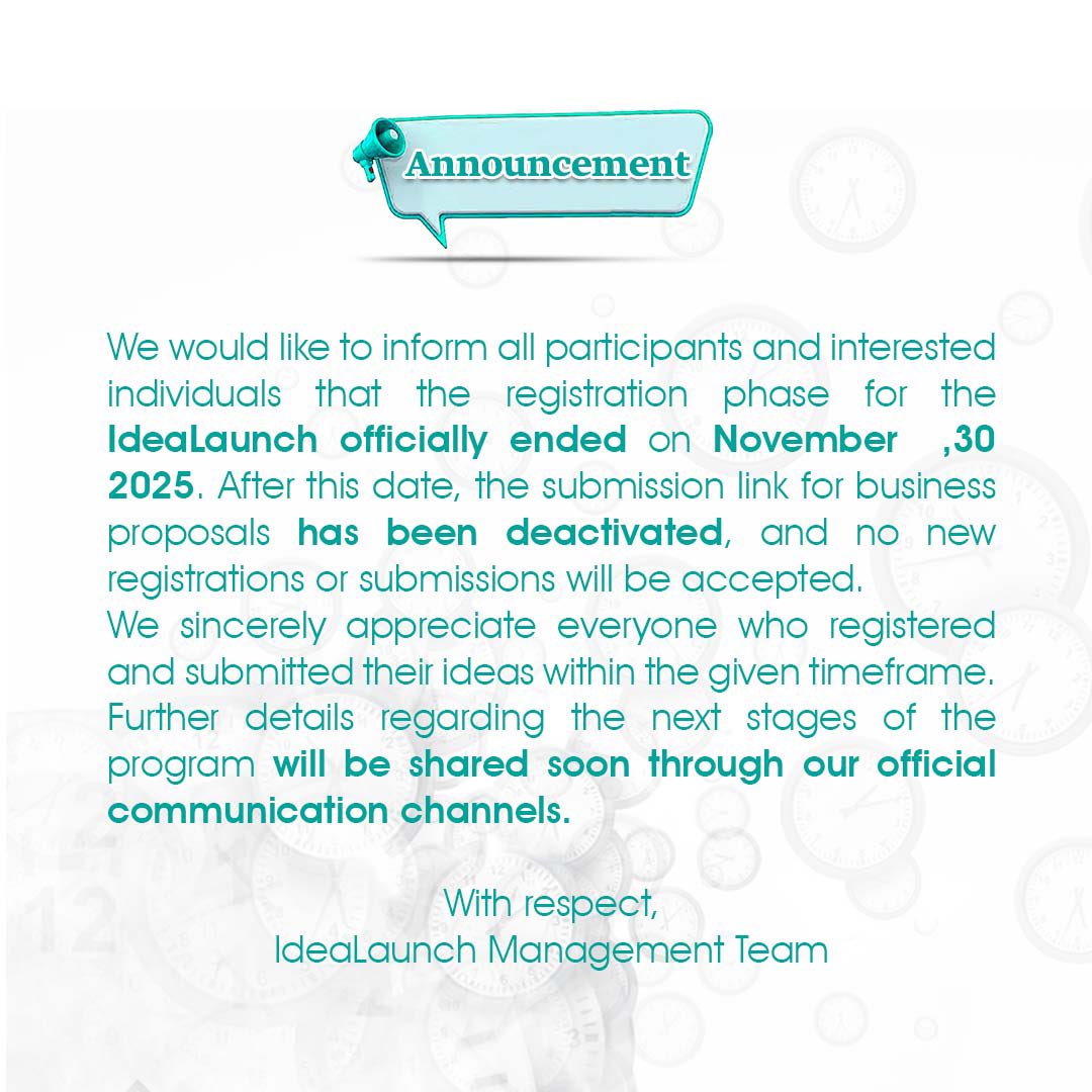 GharanyGroup's tweet photo. We would like to inform all participants and interested individuals that the registration phase for the IdeaLaunch officially ended on Nov30,
After this date, the submission link for business proposals has been deactivated, and no new registrations or submissions will be accepted https://t.co/8n9eLIJhkz