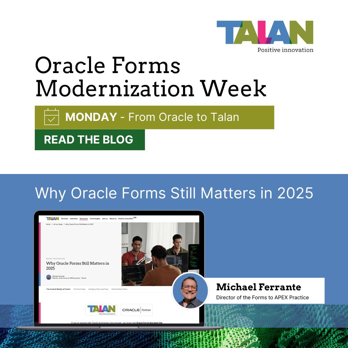 TalanOracleTech's tweet image. Forms Week is officially live.

Start with today’s feature: Why Oracle Forms Still Matters in 2025 by Michael Ferrante.
talan.com/americas/en/re…

#FormsModWeek #OracleForms #orclapex #Modernization