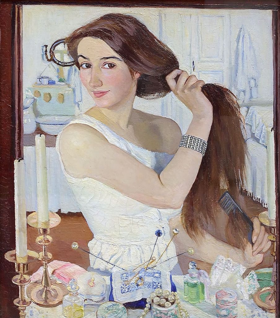 wikivictorian's tweet image. At the Dressing-Table (the self-portrait), by Ukrainian painter Zinaida Serebryakova (1909). Tretyakov Gallery.