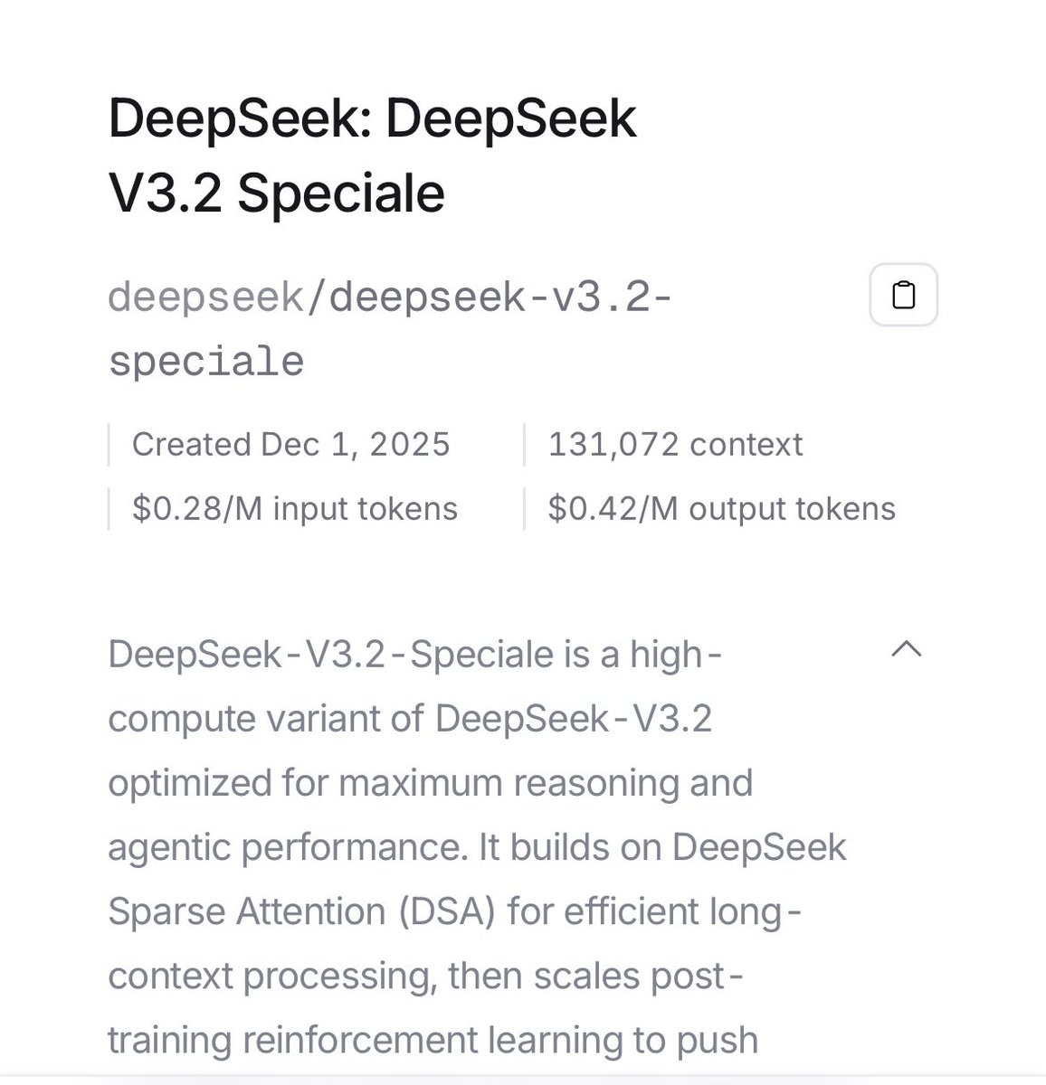 quantumaidev's tweet image. Deepseek V3.2 speciale at $0.28/M input and $0.42/M output tokens in @OpenRouterAI 

If the evals are true this is a steal price!

Congratulations @deepseek_ai team