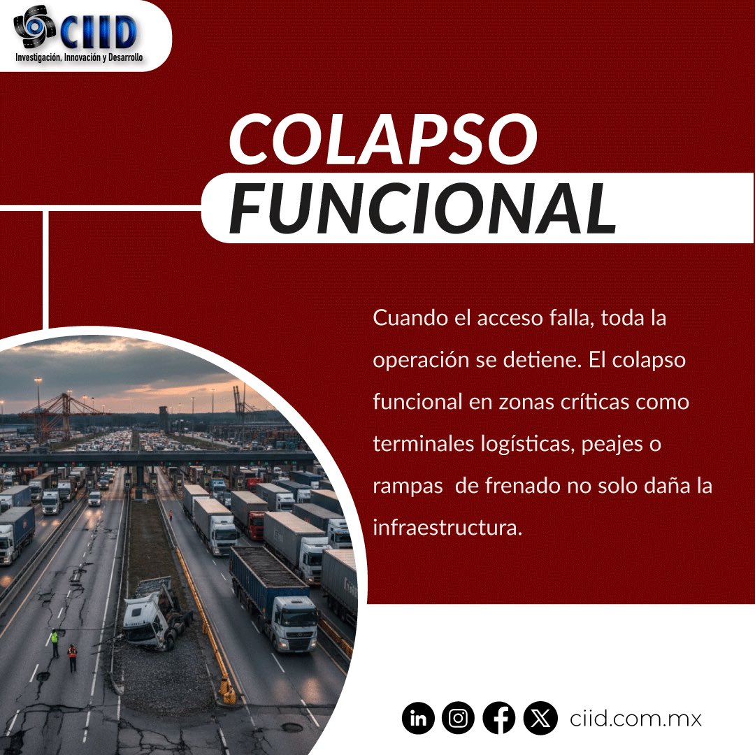 CiidMexico's tweet photo. 🔴 ¿Qué pasa cuando una falla detiene toda la operación? El colapso funcional en puntos críticos —como terminales logísticas, peajes o rampas de frenado— no solo afecta la infraestructura: compromete tiempos, incrementa costos y pone en riesgo la continuidad operativa. https://t.co/JpdBfgnusx