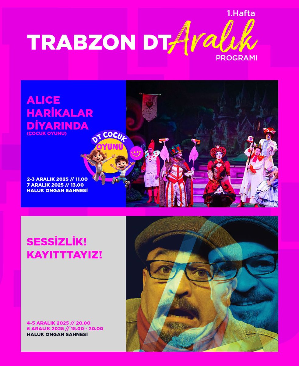 Trabzon Devlet Tiyatrosu bu hafta Sessizlik! Kayıttayız! oyunu ile seyirci karşısında.
 Minik seyirciler için Alice Harikalar Diyarında sahneleniyor.
 #DevletTiyatroları #AralıkAyı #TrabzonDT #SanatHerYerde