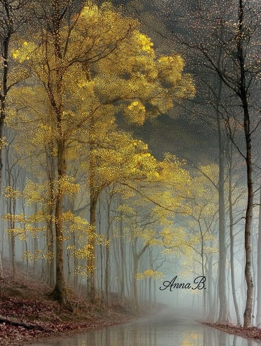 Radiance of the Misty Woods
#Art  #MagicalRealism
#AtmosphericLandscape
#Divisionism