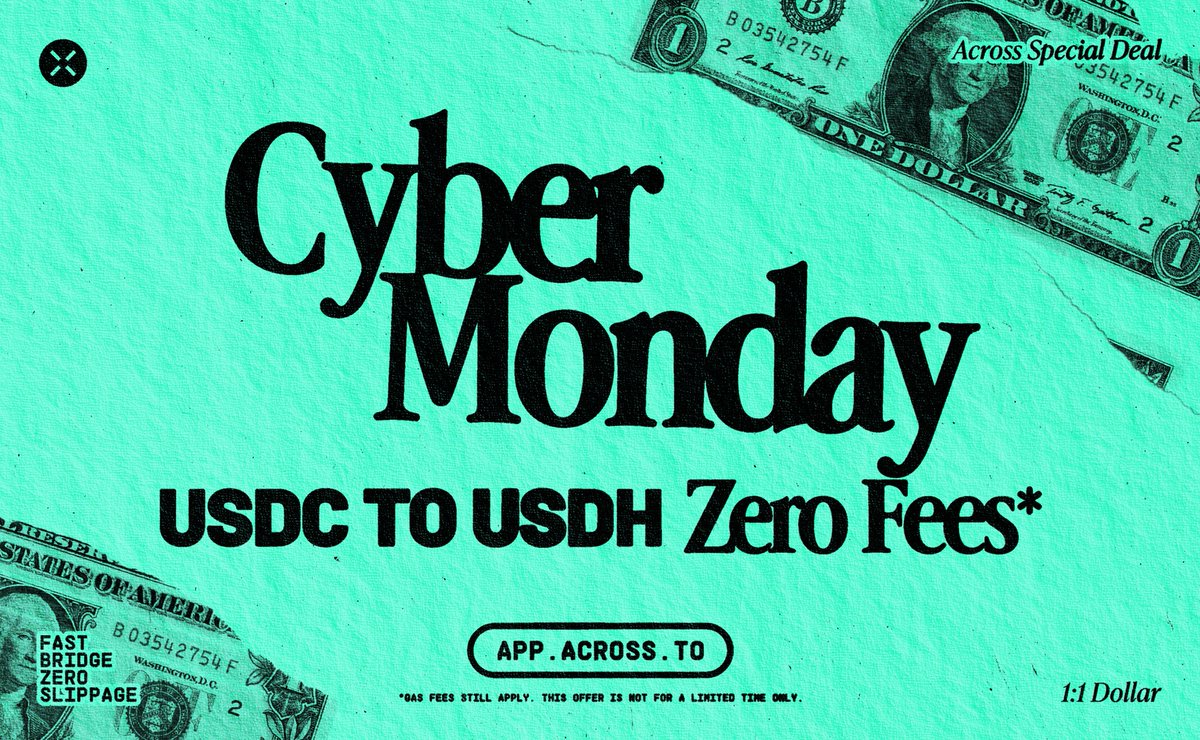 AcrossProtocol's tweet image. Cyber Monday is here, and we have an offer for you...

We’re giving you 100% off bridging fees to Hyperliquid!

(offer is NOT for a limited time only)