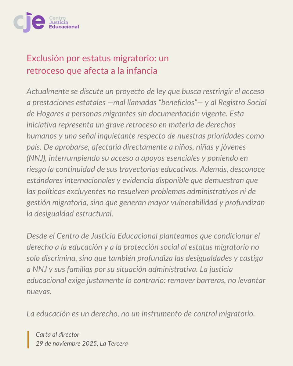 "De aprobarse, afectaría directamente a niños, niñas y jóvenes (NNJ), interrumpiendo su acceso a apoyos esenciales y poniendo en riesgo la continuidad de sus trayectorias educativas", explica la investigadora Claudia Matus.

#CentrosAnid