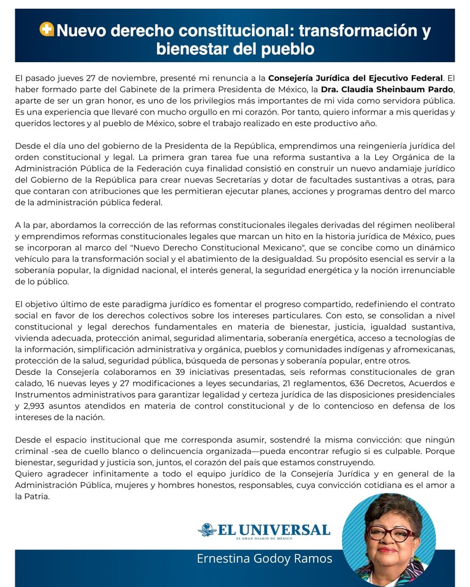 Tras más de un año trabajando en la Consejería Jurídica del Ejecutivo Federal, es momento de iniciar una nueva etapa en mi vida como persona servidora pública.
Me voy con gran satisfacción de esta función que me encomendó la Presidenta <a href="/Claudiashein/">Claudia Sheinbaum Pardo</a>, y por ello, comparto con