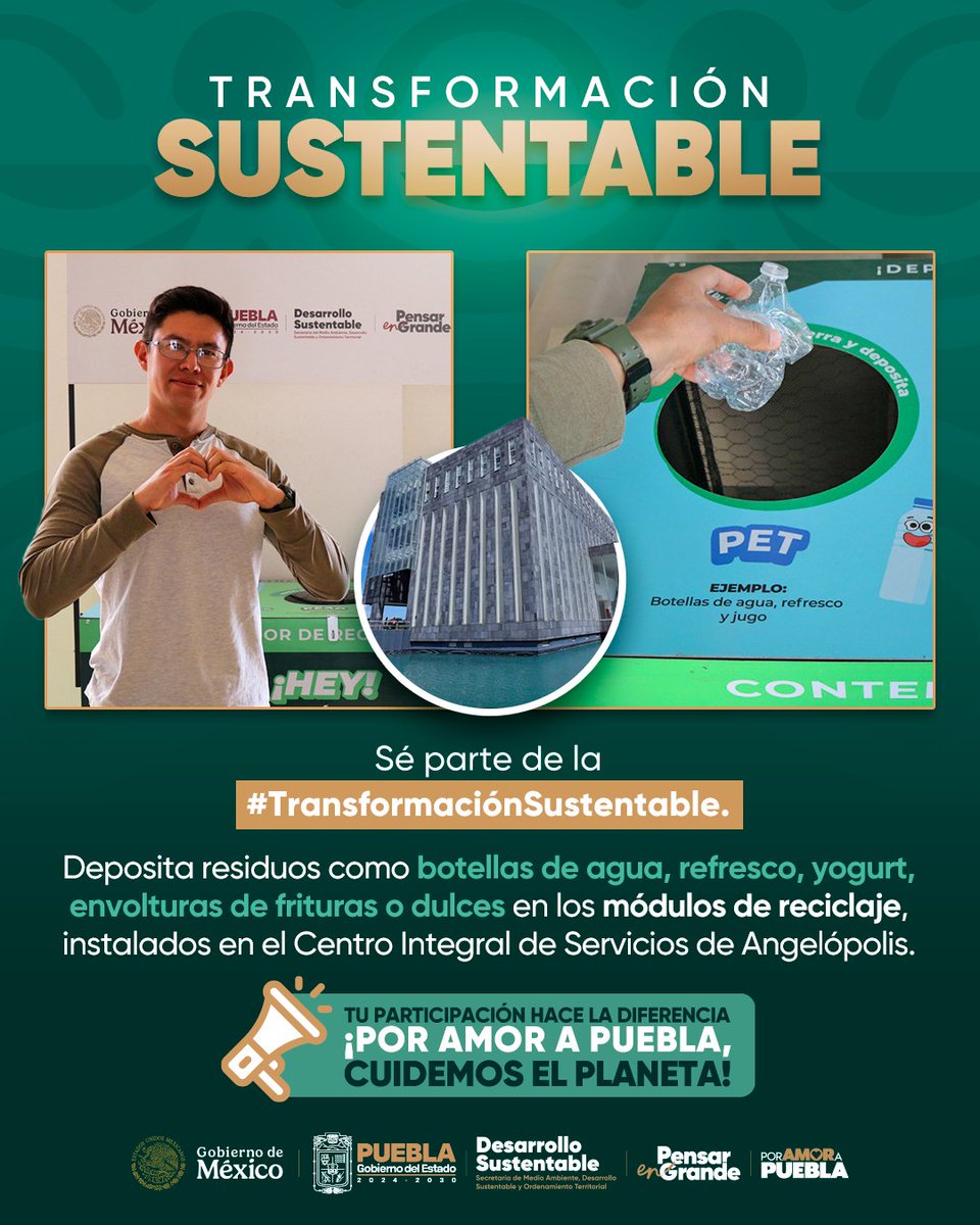 ♻️ ¡Reciclar transforma!

👉 Cuando vengas al CIS de Angelópolis, deposita tus botellas vacías o envolturas en los módulos de reciclaje ubicados en la planta baja.

💧 Botellas de agua, refresco o yogurt
🍬 Envoltorios de frituras, dulces o pan

En el <a href="/Gob_Puebla/">Gobierno de Puebla</a> te recordamos