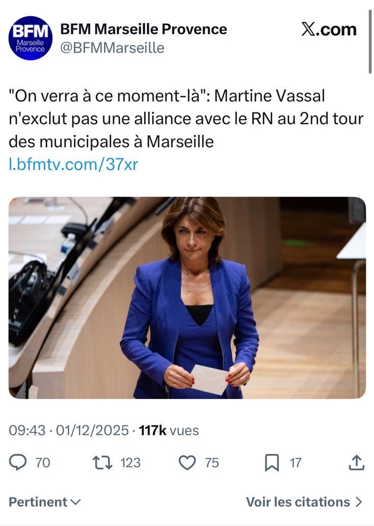 Nous avions raison avec Aurélie Falek.

La compromission avec le RN est actée.

Dans le 13/14 il faudra prendre position.
Les mots comme « Marseille je t’aime » n’y feront rien, en amour seuls les actes comptent.

À vot’ bon courage pour assumer devant les habitants…