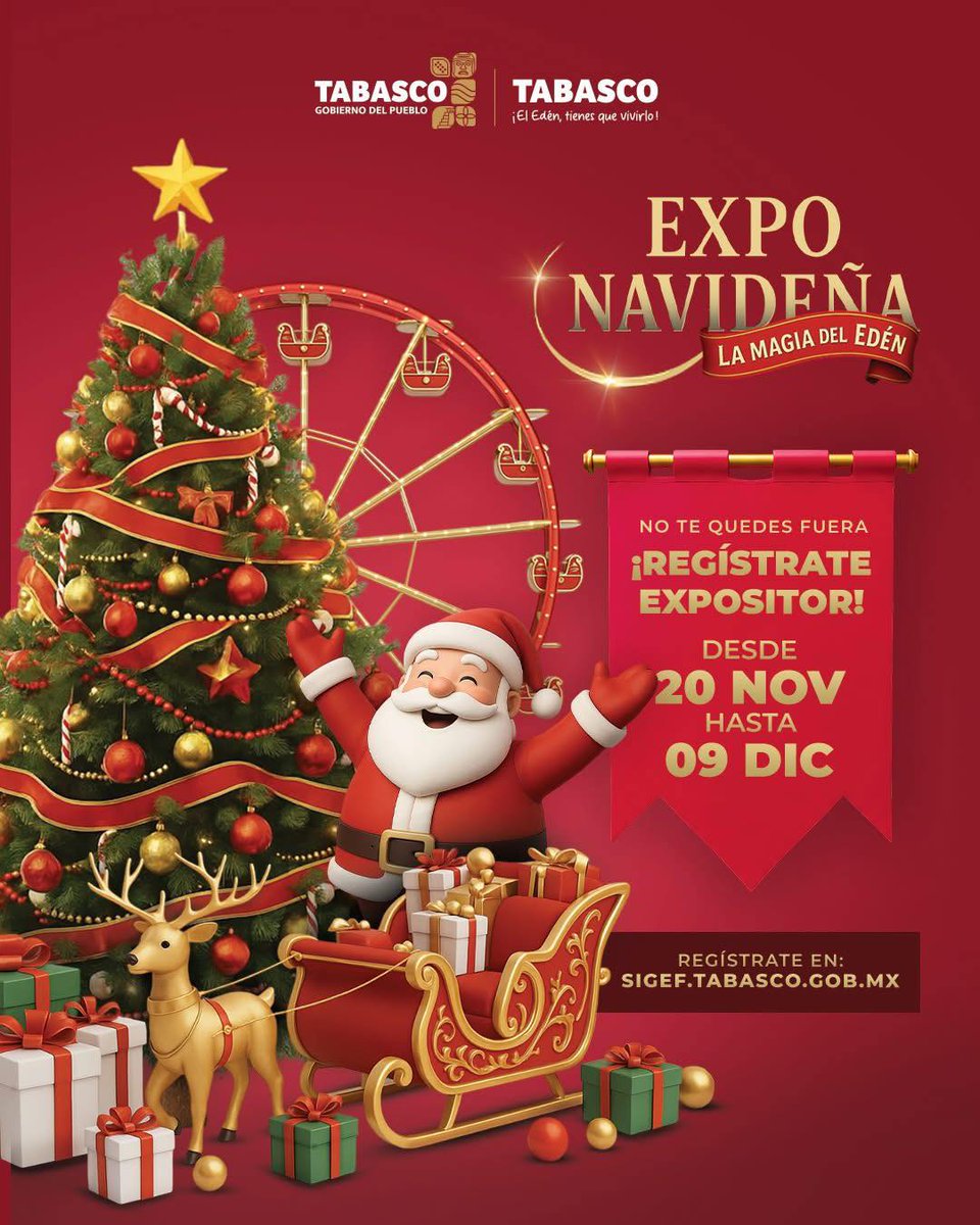 Turismo_Tabasco's tweet photo. 🎄 ¡La magia del Edén llega a Tabasco!
Ya está abierto el registro para participar como expositor en la Expo Navideña 2025. Regístrate del 20 de noviembre al 09 de diciembre en: https://t.co/MuTZmil73H 

🎁¡No te quedes fuera y vive la temporada más especial del año con nosotros! https://t.co/IlzE17vdyE