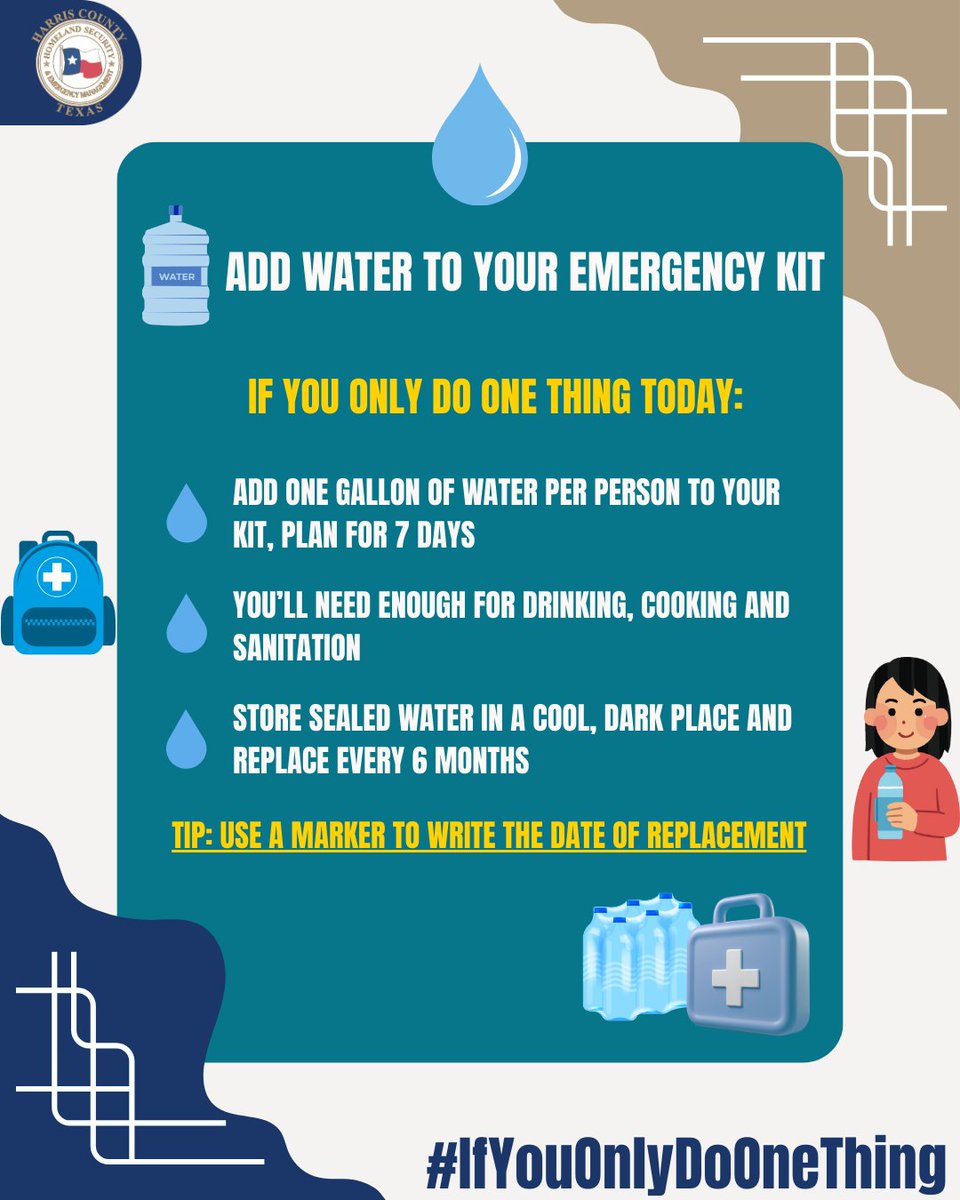 ReadyHarris's tweet image. 💧#IfYouOnlyDoOneThing, do the preparedness power move: add water for at least 7 days to your emergency kit. Because being prepared is the real main character energy. 🚰⭐️