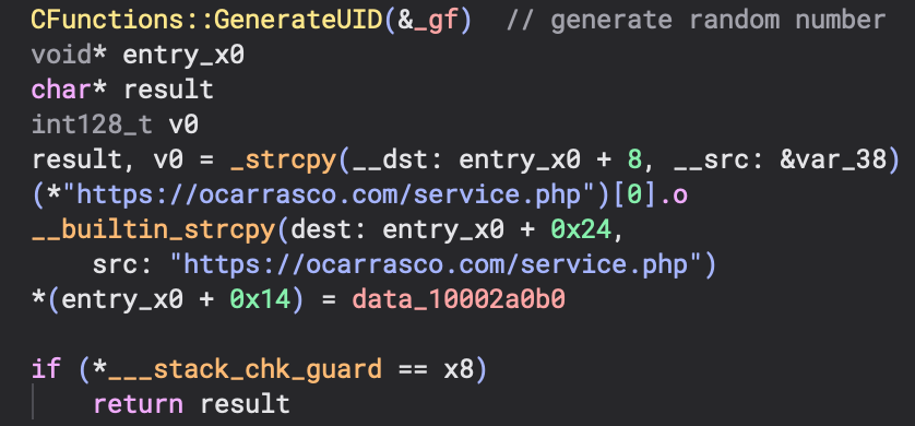 L0Psec's tweet image. C2 (https://ocarrasco\.com) is first referenced in a call to the SetConfig() method. service\.php is no longer up. :(