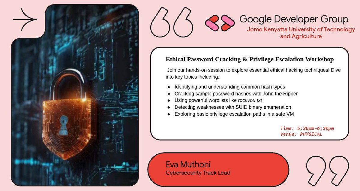 gdgcampusJKUAT's tweet image. 🔐 Ethical Password Cracking &amp;amp; Privilege Escalation Session!

Hands-on, beginner-friendly, and all about real-world cyber defense.
🕒 5:30–6:30PM |  SCC 006
Don’t miss it!
#CyberSecurity #EthicalHacking #GoogleDevelopers