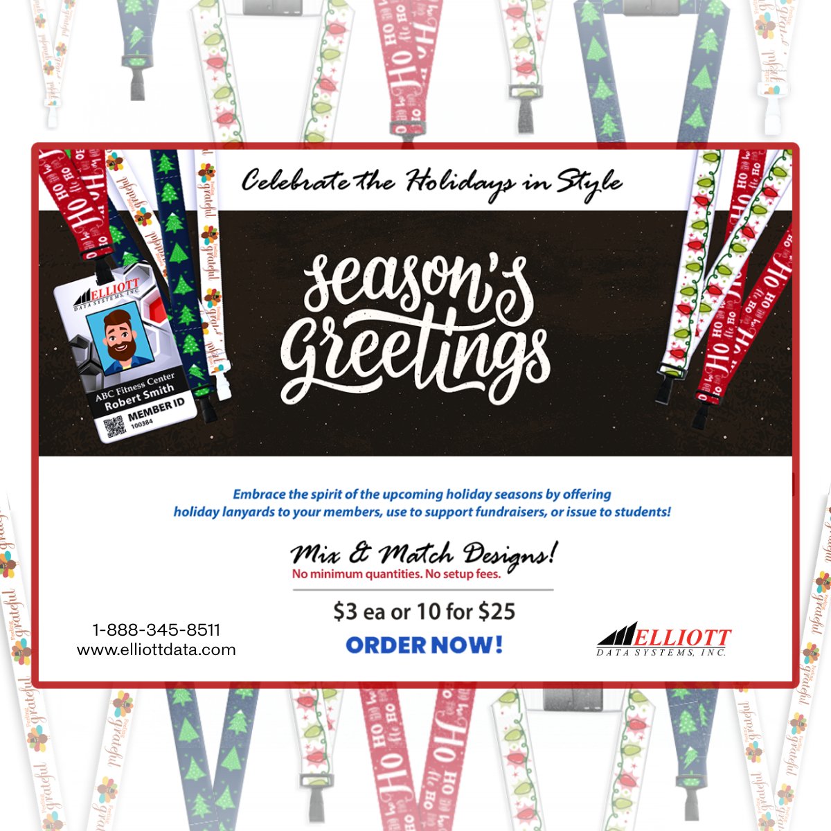Celebrate the holidays with festive lanyards! Mix and match in-stock designs and no minimum quantities or setup fees! Order today - elliottdata.com/holiday-lanyar…

1-888-345-8511
elliottdata.com