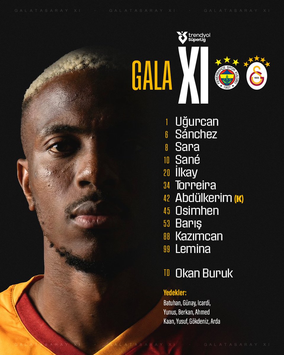 GalatasaraySK's tweet image. 📢 Fenerbahçe karşısında ilk 11’imiz ve yedeklerimiz! 👇 #FBvGS