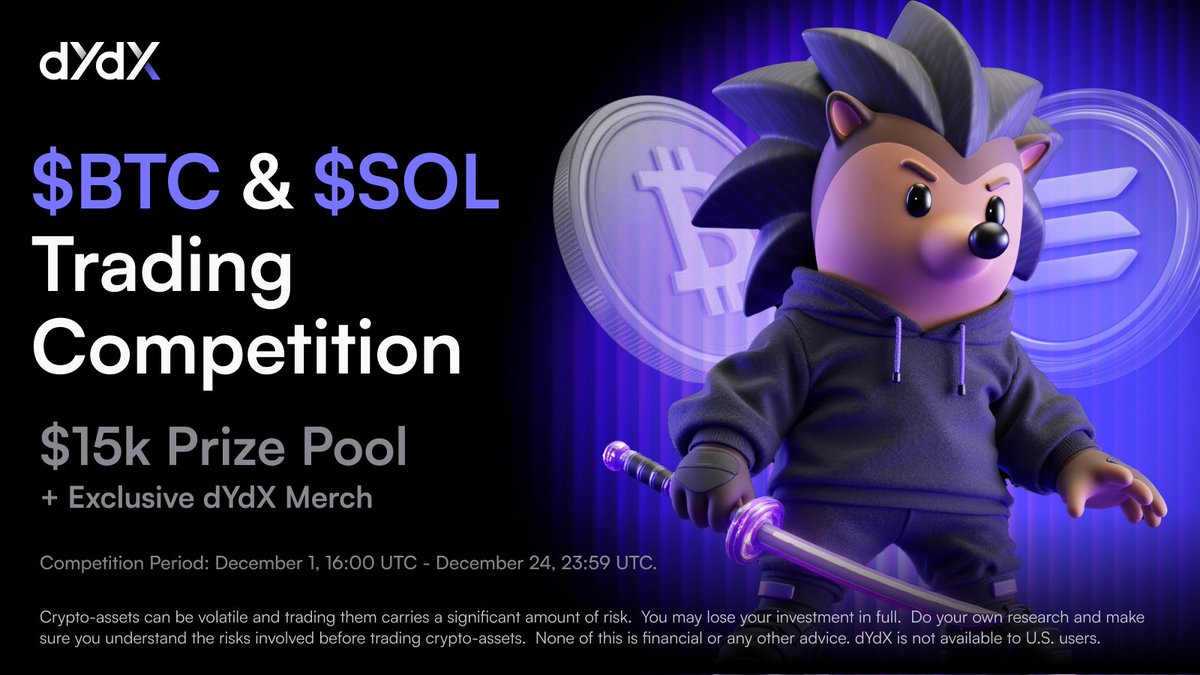 dYdX's tweet image. 🎁 The Gift That Keeps On Giving 🎁

Trade $BTC &amp;amp; $SOL perps this holiday season and compete for your share of $15,000 + exclusive dYdX merch.

3 ways to win:
🔹 Top 20 PnL leaderboard 
🔹 Lucky Draw
🔹 Retweet this post &amp;amp; follow @dYdX
