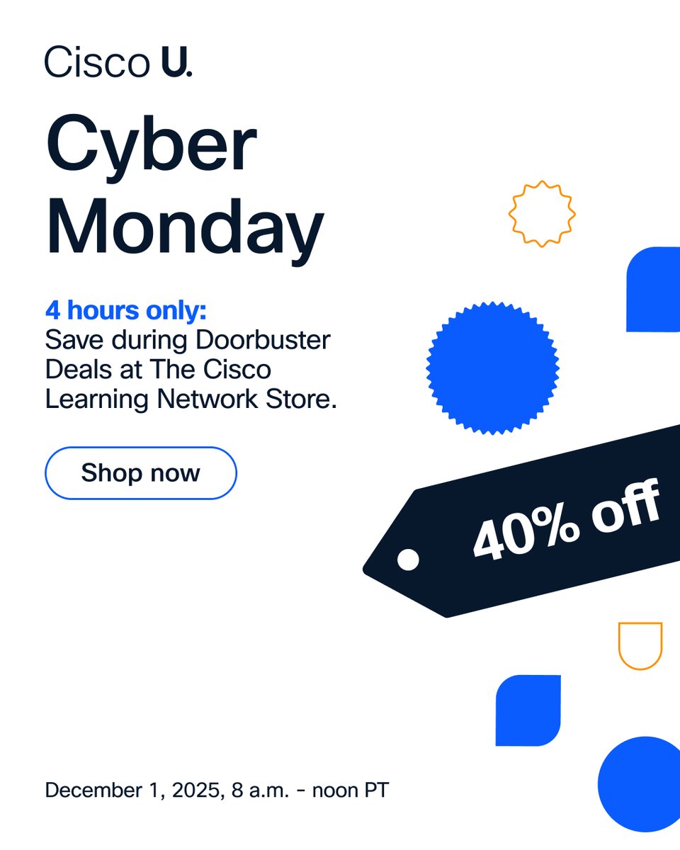 LearningatCisco's tweet image. 🚨 Doorbusters are LIVE!

40% off select learning products in the Cisco Learning Network Store for the next 4 hours only.

#CiscoCert bundles, AI paths, CML, and more.

Shop Doorbusters until noon Pacific Time: cs.co/60167Ipon
