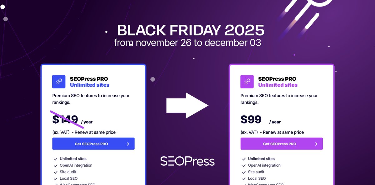💻 Cyber Monday is your last call!

SEOPress PRO Unlimited → €99 instead of €149

🧠 AI-powered SEO
⚙️ Instant site audit
🌍 Unlimited websites

⏰ Offer ends in 72 hours

🔗 seopress.org/black-friday￼

#CyberMonday #SEO #WordPress #MarketingDigital #SEOPressPRO #Growth