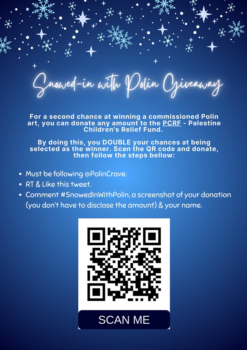 PolinCrave's tweet photo. ❄️☃️ SNOWED-IN WITH POLIN GIVEAWAY☃️❄️

Want to win a commissioned Polin art as a Christmas gift? 

All you have to do is follow the steps bellow and for a double chance at winning, you can donate an amount of your choosing to the PCRF. 

Winners will be announced on the 25th. https://t.co/iZFFk9Tjqh