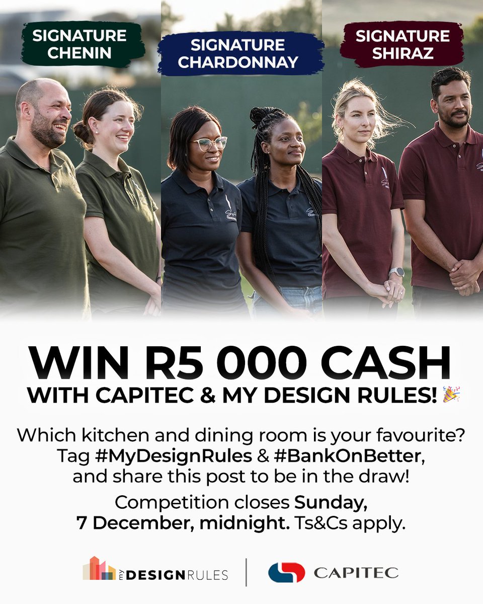 Win R5 000 cash with Capitec and My Design Rules!

Which kitchen and dining room is your favourite?

 Tag #MyDesignRules and #BankOnBetter, and share this post to be in the draw!

Competition closes Sunday, 7 December at midnight.
 Ts&amp;Cs apply mydesignrules.tv/2024/09/27/cap…
