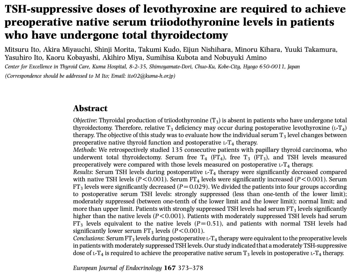 lowmegatron's tweet image. In people without a thyroid, levothyroxine dosing must suppress TSH to achieve pre-surgical levels of thyroid hormone T3 in the blood.

Many patients treated to “normalise” TSH have lower levels of thyroid hormone T3 in the blood and/or tissues.

“Our study indicated that a…