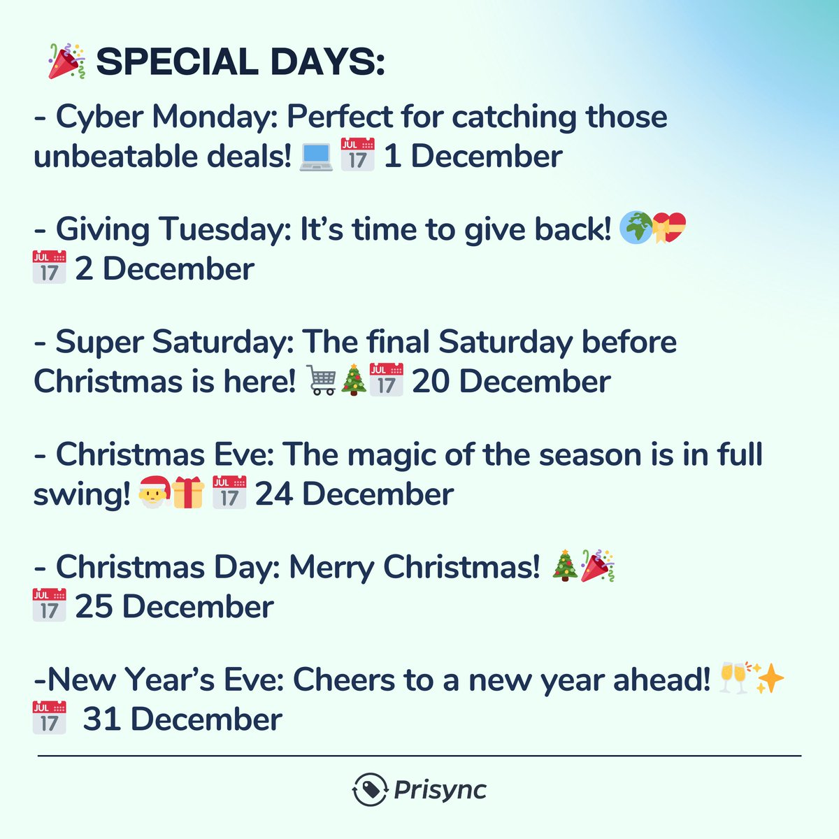 PrisyncCom's tweet image. Hello December! 📅 🎅🎄 

🎄✨ From Cyber Monday deals to Christmas, this #holidayseason is the perfect time to engage shoppers and create lasting connections. 🎅🎁

Stay ahead with our Retail Calendar 2025! 🛍️💝
buff.ly/KfJpVXi

#EcommerceSuccess #RetailCalendar